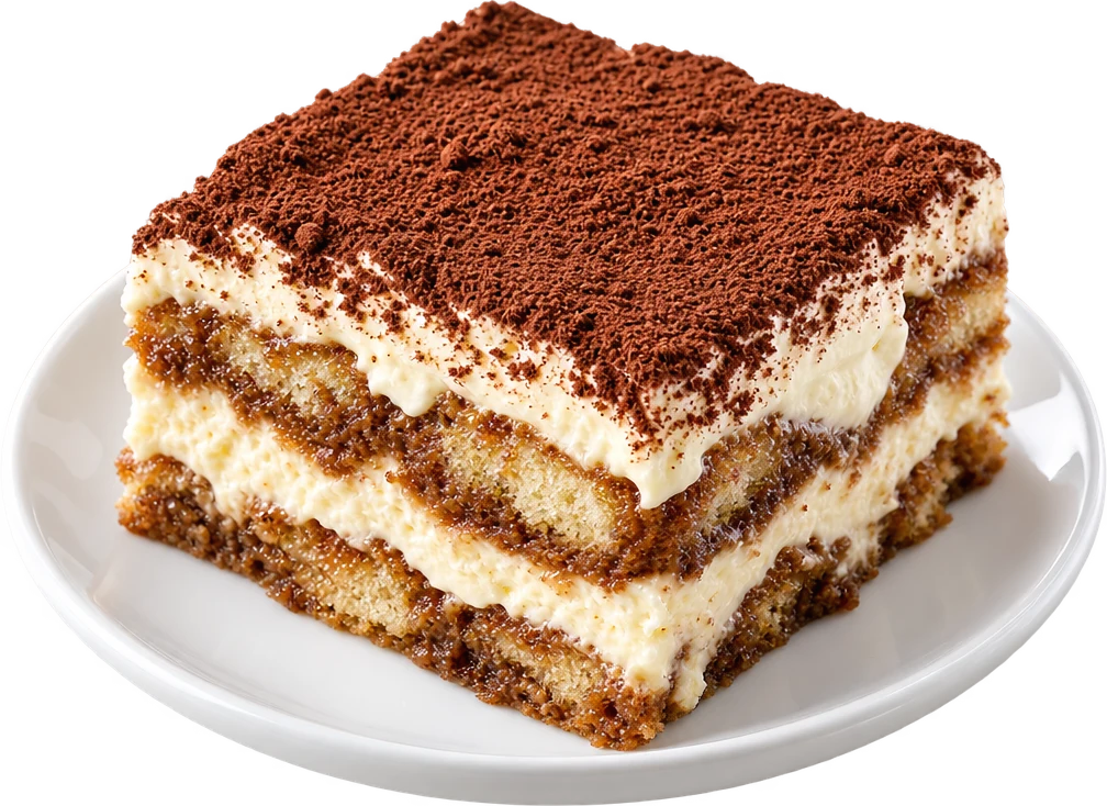A square of tiramisu with visible layers and cocoa on top