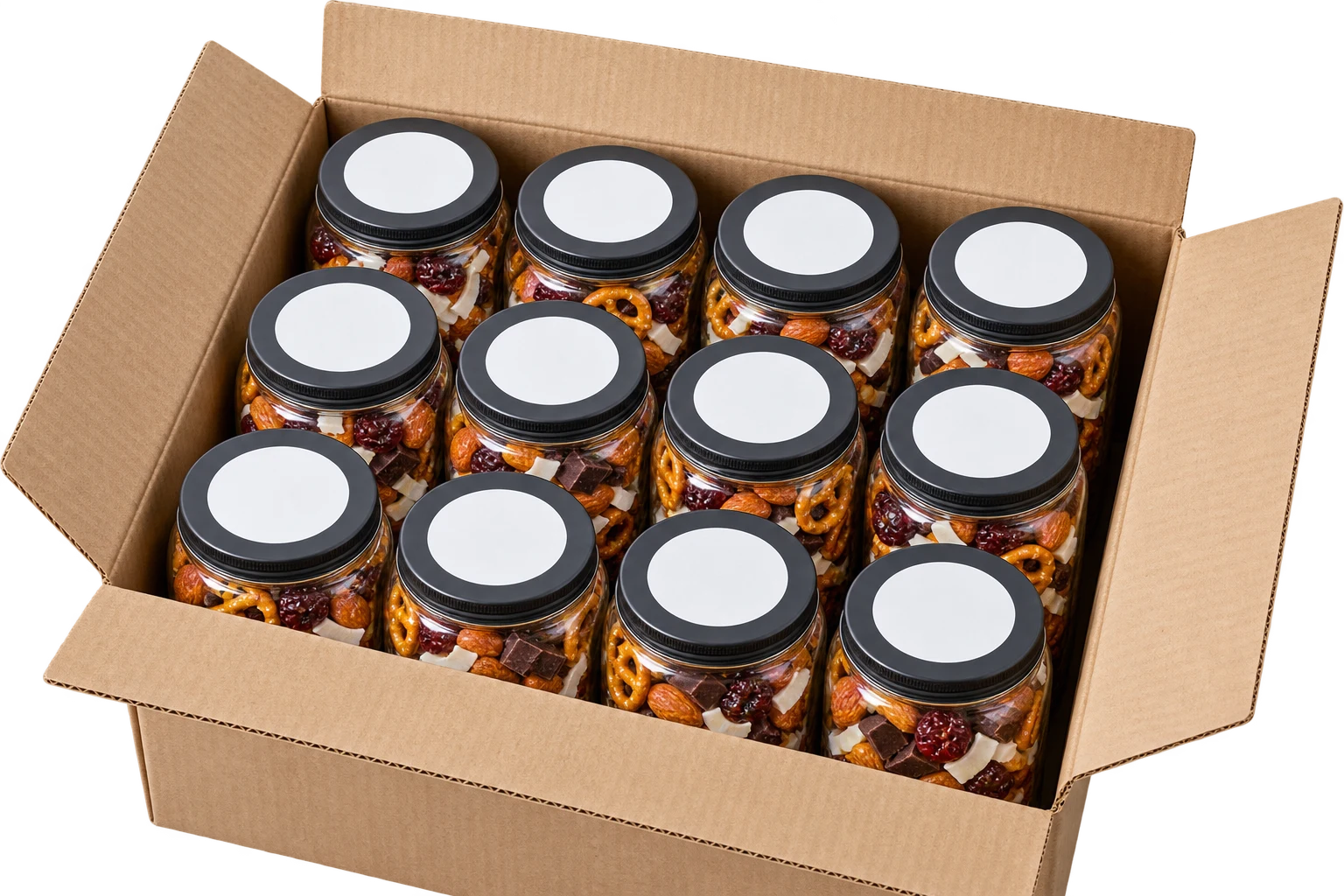 A kraft case of twelve Crunch Club jars, lids up, each lid printed with the same logo
